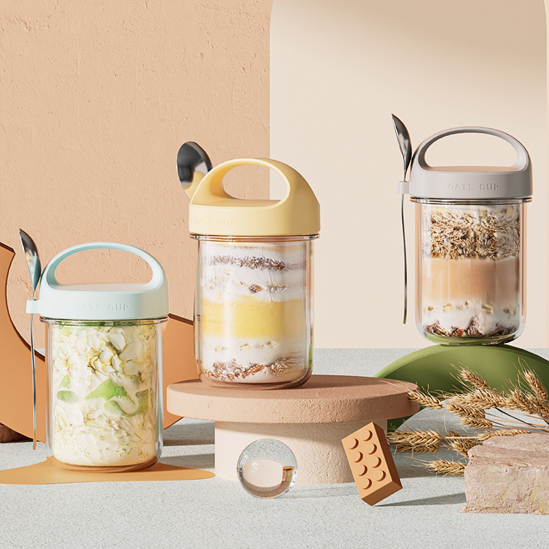 16oz Reusable Portable Leak Proof Glass Breakfast Mason Jars Glass Cup Oats Jar Coffee Mug With Lids and Spoons Water Bottle