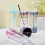 24oz Clear Double Wall Reusable Plastic Snow Globe Acrylic Tumbler Cup With Pre-drilled Hole 24 oz Snow Globe Tumbler