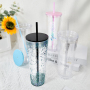 24oz Clear Double Wall Reusable Plastic Snow Globe Acrylic Tumbler Cup With Pre-drilled Hole 24 oz Snow Globe Tumbler