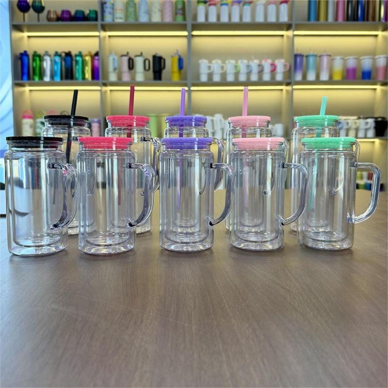 DSY New 16oz 20oz Pre-drilled Double Wall Plastic Snow Globe Tumbler Cup with Handle and Colored Plastic Lids and Straw