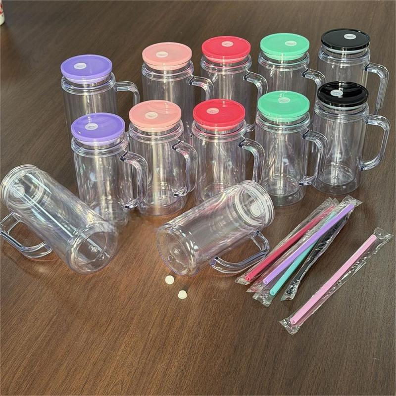 DSY New 16oz 20oz Pre-drilled Double Wall Plastic Snow Globe Tumbler Cup with Handle and Colored Plastic Lids and Straw
