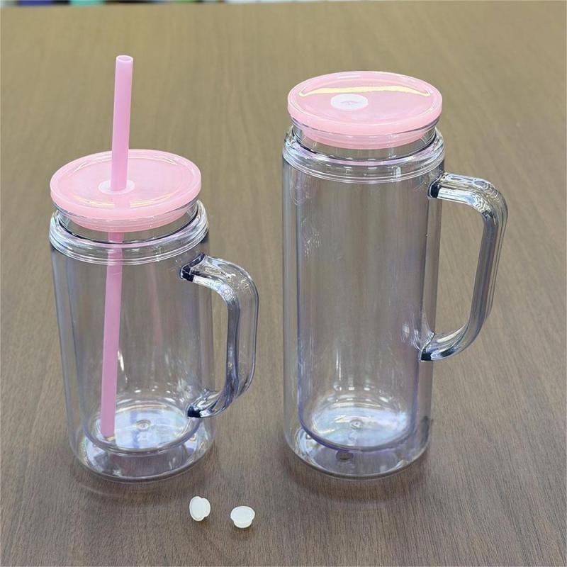 DSY New 16oz 20oz Pre-drilled Double Wall Plastic Snow Globe Tumbler Cup with Handle and Colored Plastic Lids and Straw