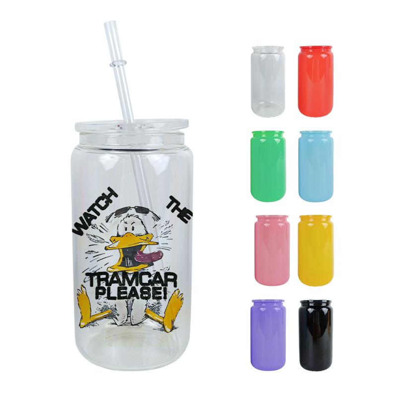 Factory Beer Can Shaped Drinkware 16oz Candy Colored Disposable Sublimation Glass Can Cups with PP Lids
