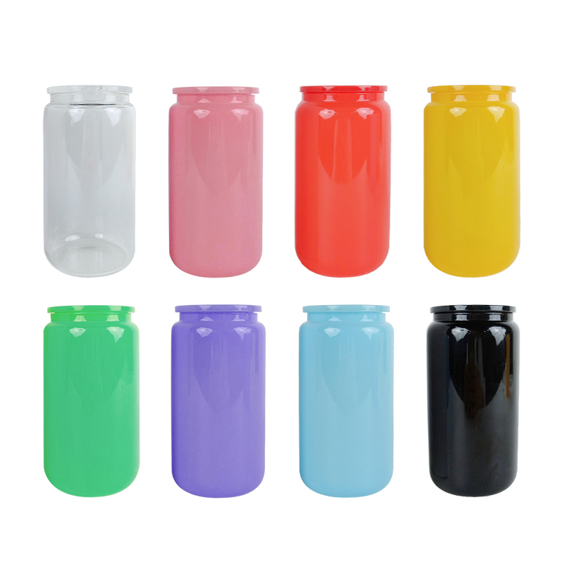 Factory Beer Can Shaped Drinkware 16oz Candy Colored Disposable Sublimation Glass Can Cups with PP Lids