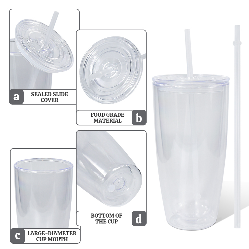RTS China Warehouse 24oz Double Wall Plastic Cup BPA Free Clear Snow Globe Tumbler Predrilled Hole Mug with Plastic Straw Plug