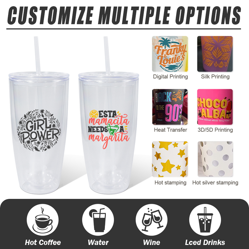 RTS China Warehouse 24oz Double Wall Plastic Cup BPA Free Clear Snow Globe Tumbler Predrilled Hole Mug with Plastic Straw Plug