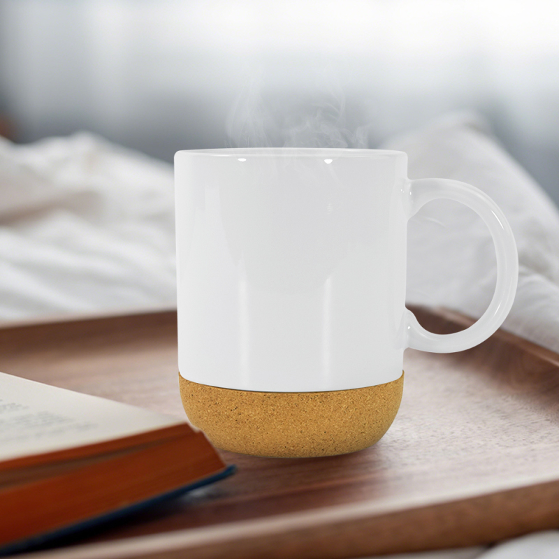 RTS US Stocked Glossy 15oz Sublimation White Ceramic Mug with Handle Black Plastic Lid and Bamboo Tray Cork Bottom 36pcs/ctn
