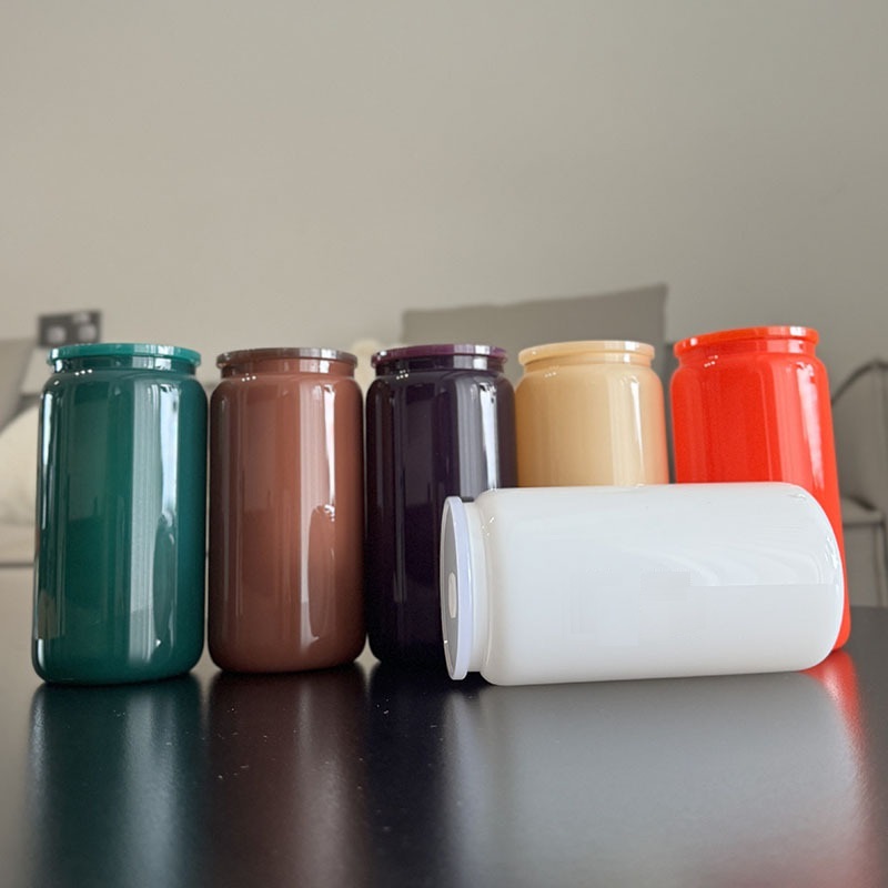 China RTS 16oz Glass Cup Colorful Juice Glass Mug Sublimation Blanks Cola Tumbler with Plastic Lid Straw for Beverages Drinking