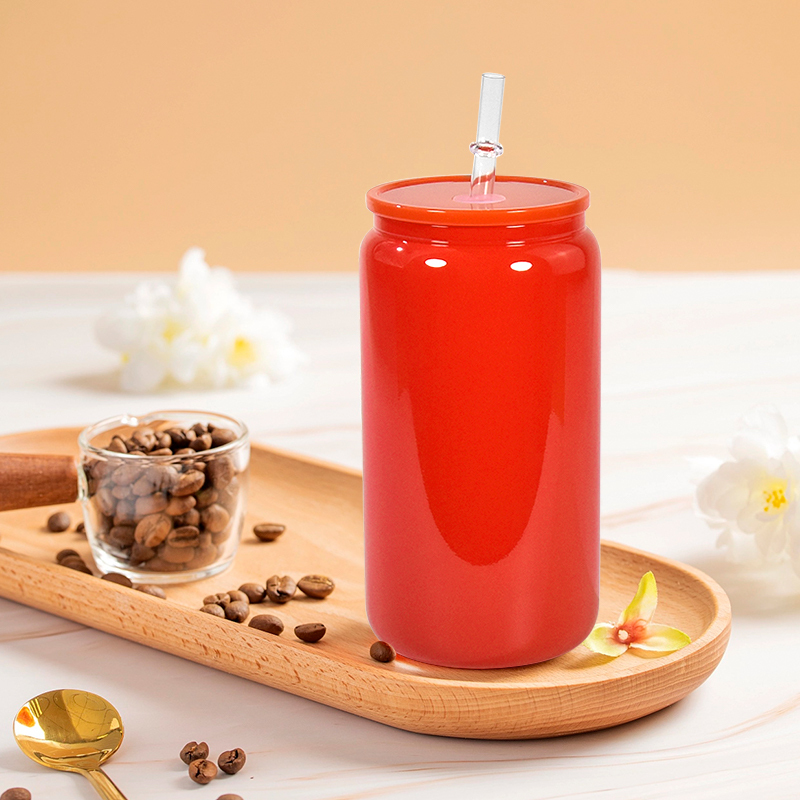 China RTS 16oz Glass Cup Colorful Juice Glass Mug Sublimation Blanks Cola Tumbler with Plastic Lid Straw for Beverages Drinking