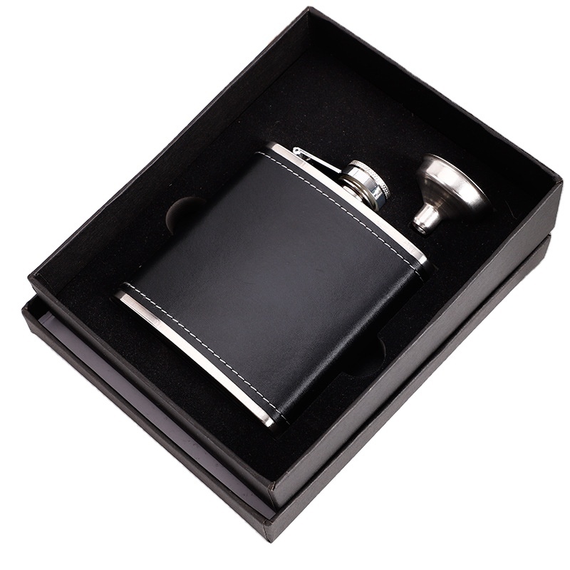 Factory Supply Wine Flask Set 7oz 8oz Colored Black Leather Stainless Steel Funnel Hip Flask Whiskey Russian Liquor Wine Flask