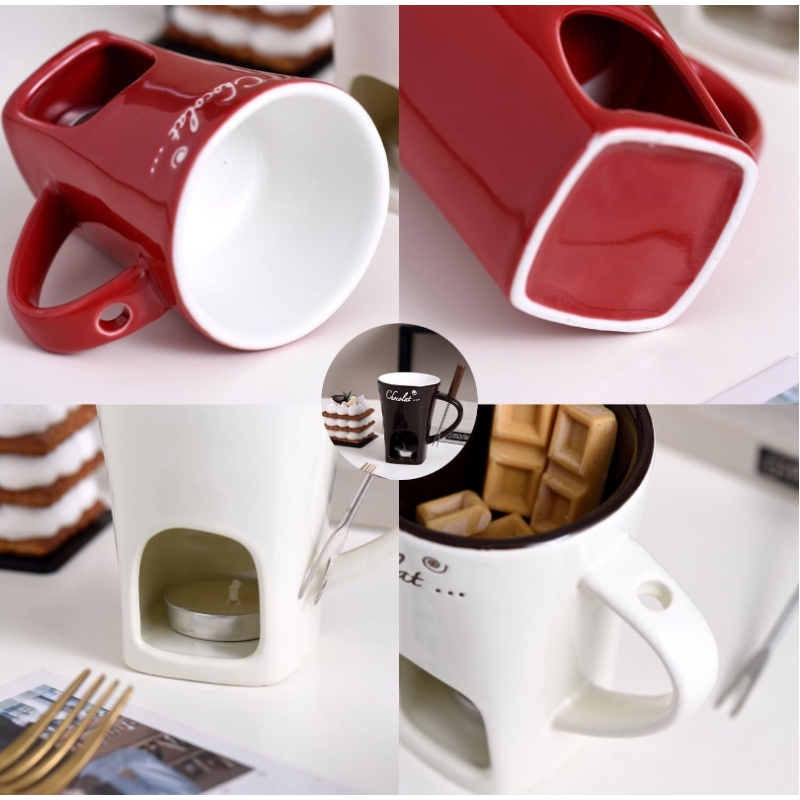 Custom 130ml Mugs Ice Cream Cheese Chocolate Melting Furnace Creative Ceramic Cup with Fork for Candle Placement Heating Furnace