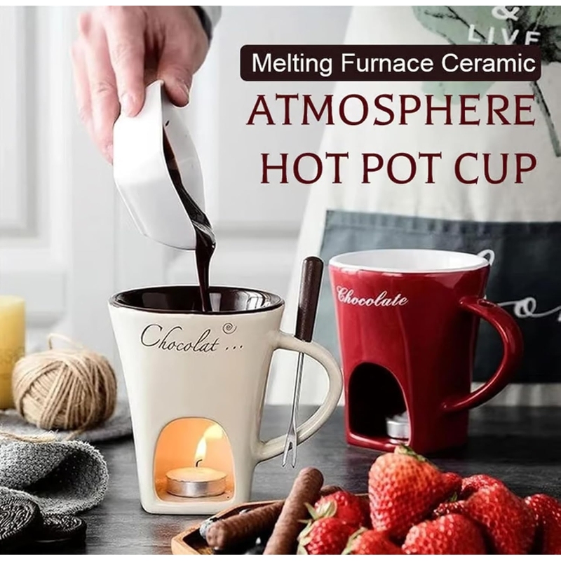 Custom 130ml Mugs Ice Cream Cheese Chocolate Melting Furnace Creative Ceramic Cup with Fork for Candle Placement Heating Furnace