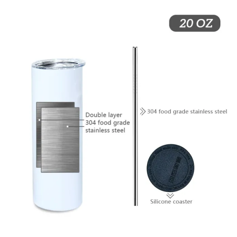 US Warehouse RTS 20oz Sublimation Blanks Tumbler Double Wall Stainless Steel Straight Cup With Plastic Metal Straw Rubber Bottom