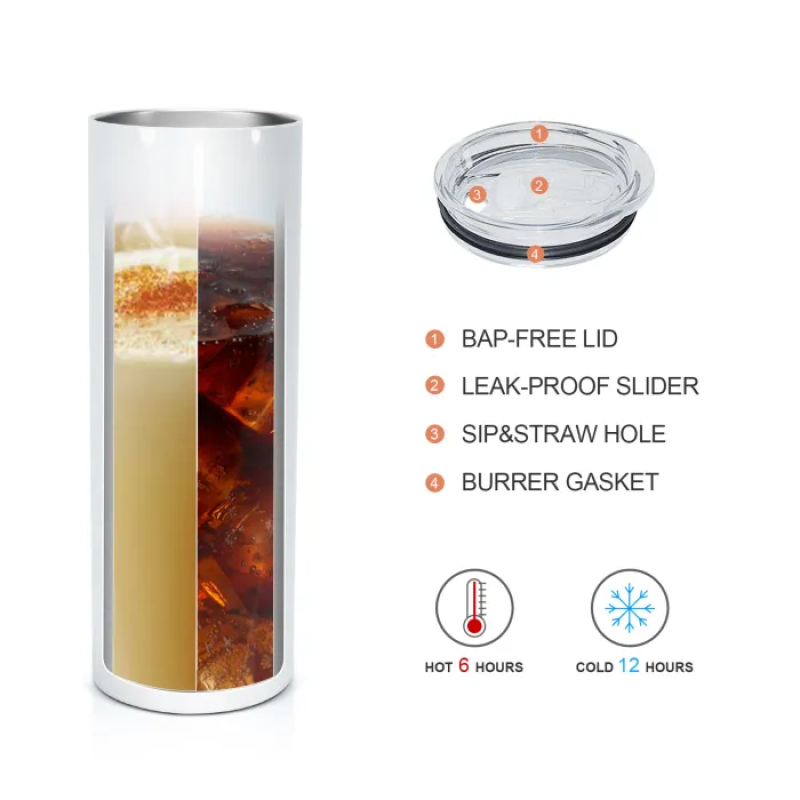 US Warehouse RTS 20oz Sublimation Blanks Tumbler Double Wall Stainless Steel Straight Cup With Plastic Metal Straw Rubber Bottom