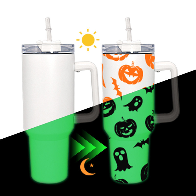 US Warehouse in Stock 40oz Glow in Dark White to Blue/green Sublimation 40oz Tumbler with Handle 12pcs/case Halloween Tumbler