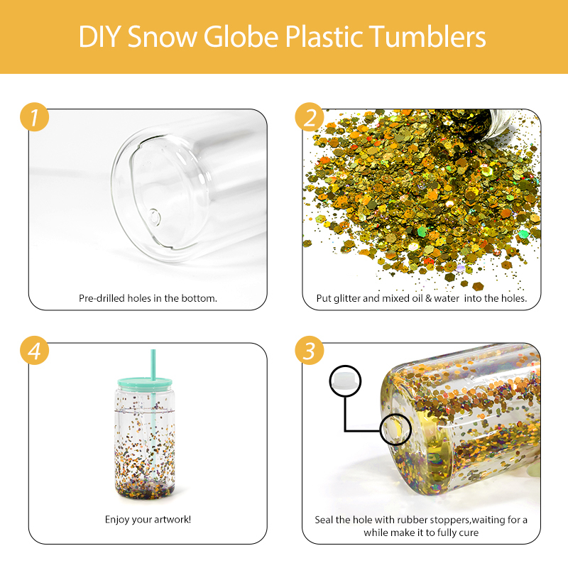 RTS US Warehouse Plastic Cups 25pcs/ctn 16oz Plastic Snow Globe Tumbler Double Wall Tumblers Cups Pre-drilled with Plug