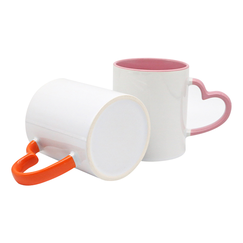 China Warehouse 11oz Sublimation Blanks Inner Colored Ceramic Mug with Colored Heart Shaped Handle
