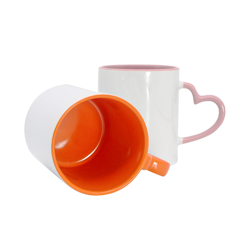 China Warehouse 11oz Sublimation Blanks Inner Colored Ceramic Mug with Colored Heart Shaped Handle