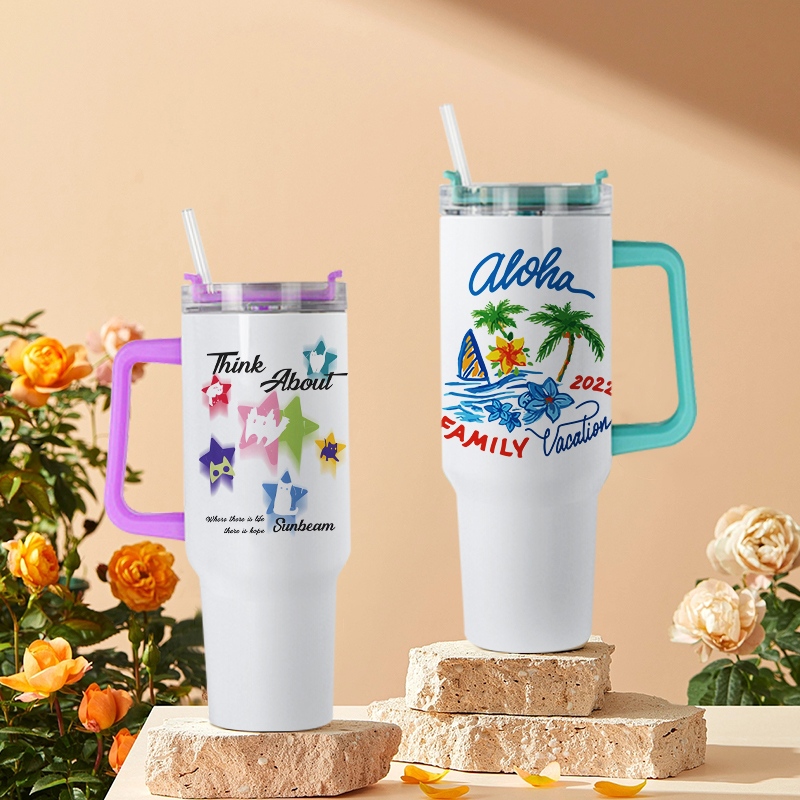 40oz Sublimation White Tumbler With Colored Handle and Lids Travel Mug 5 Colors Mixed