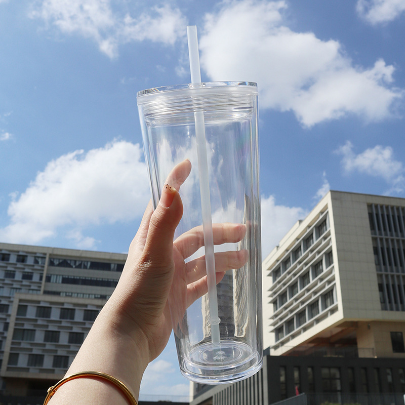 China RTS 24oz Plastic Tumbler Cold Cups 16oz Double Wall Tumbler BPA Free Clear Plastic Cups with Colored Plastic Lid Straw
