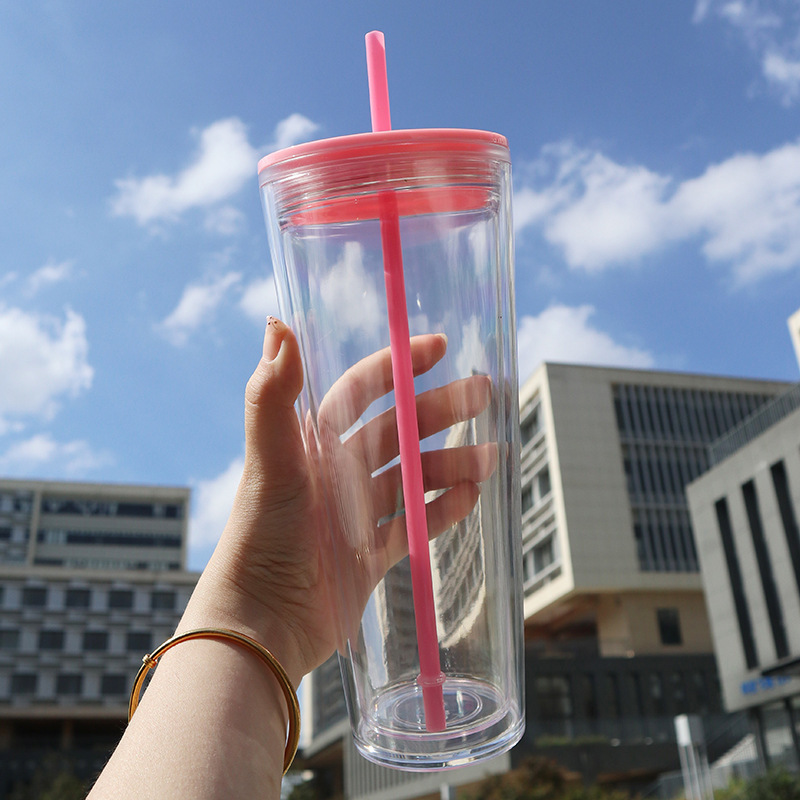 China RTS 24oz Plastic Tumbler Cold Cups 16oz Double Wall Tumbler BPA Free Clear Plastic Cups with Colored Plastic Lid Straw