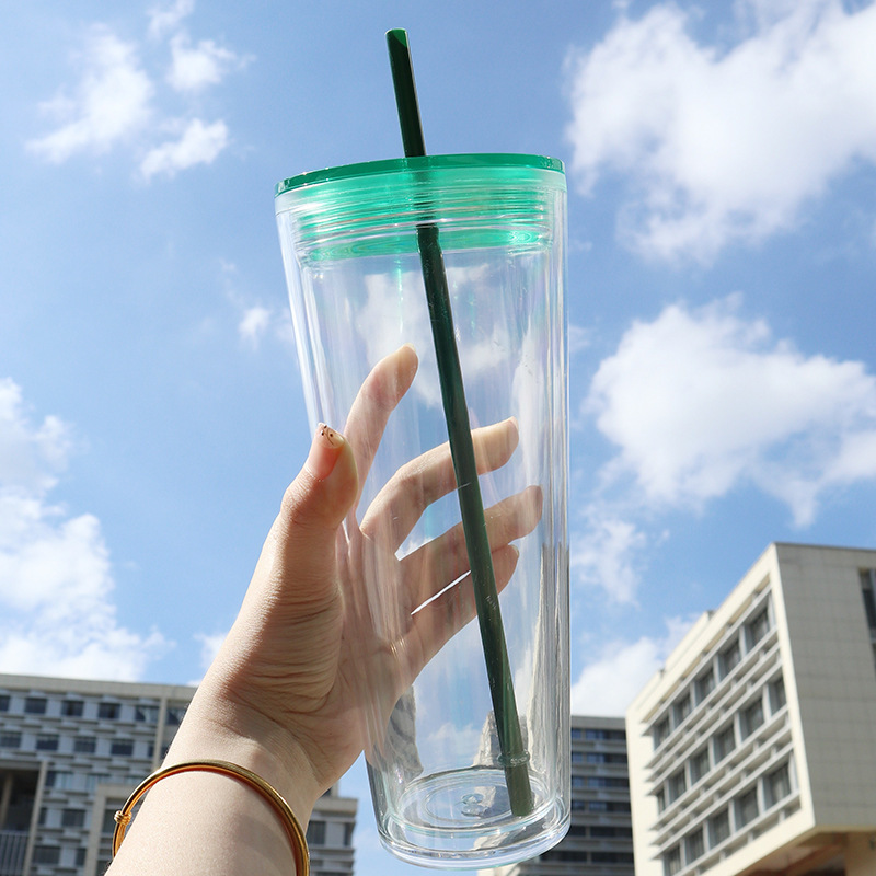China RTS 24oz Plastic Tumbler Cold Cups 16oz Double Wall Tumbler BPA Free Clear Plastic Cups with Colored Plastic Lid Straw