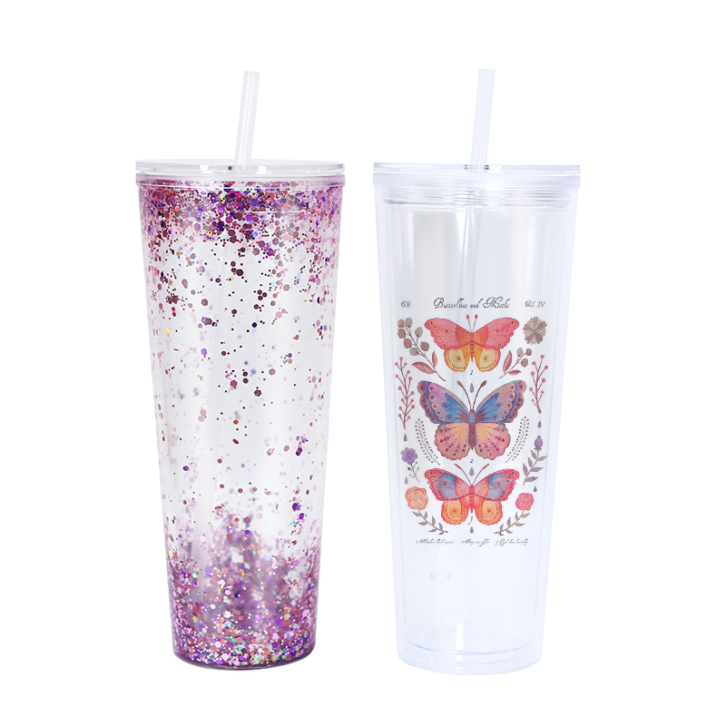 CN Warehouse DIY Pre-drilled Double Wall 24oz Clear Acrylic Tumbler Reusable Plastic Tumbler with Straw and Stopper