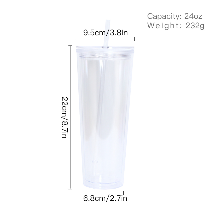 CN Warehouse DIY Pre-drilled Double Wall 24oz Clear Acrylic Tumbler Reusable Plastic Tumbler with Straw and Stopper