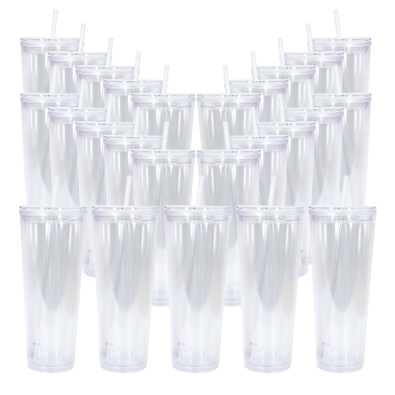 CN Warehouse DIY Pre-drilled Double Wall 24oz Clear Acrylic Tumbler Reusable Plastic Tumbler with Straw and Stopper