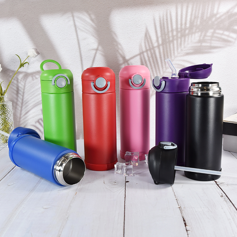 Small Pack 6pcs/ctn RTS Powder Coated 12oz Tumbler Stainless Steel School Kid Bounce Sippy Water Bottle Thermal Flask