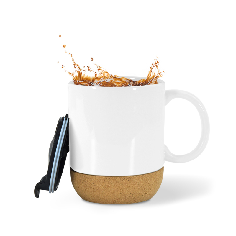 RTS USA Stocked 36pcs/ctn 15oz Sublimation Glossy White Ceramic Mug with Handle Black Plastic Lid and Bamboo Cork Bottom