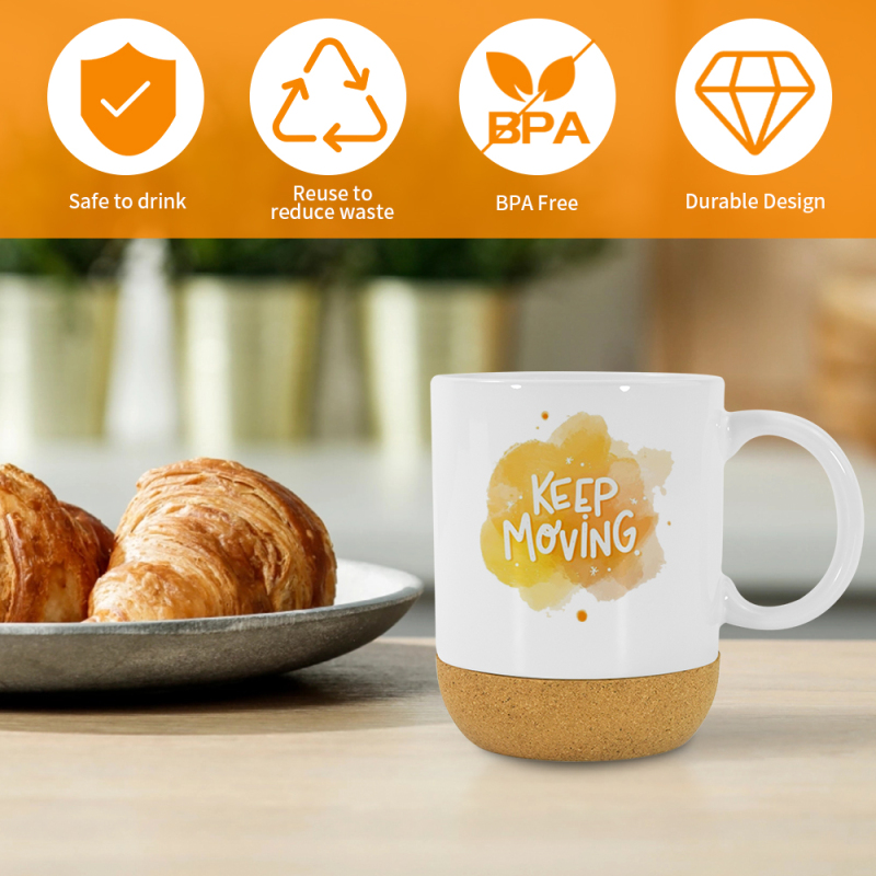 RTS USA Stocked 36pcs/ctn 15oz Sublimation Glossy White Ceramic Mug with Handle Black Plastic Lid and Bamboo Cork Bottom