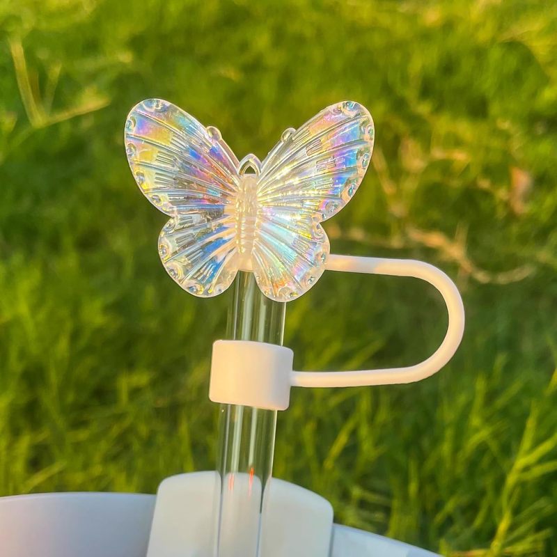 Lovely Acrylic Butterfly Silicone Dust Resistant  Reusable Topper Soft Rubber Straw Cover
