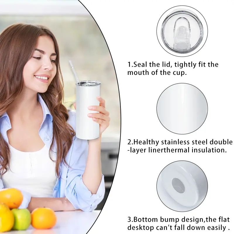 Factory Custom 12oz 15oz 30oz  Double Walled Stainless Steel Sublimation Blanks Skinny Straight Tumbler with Straw