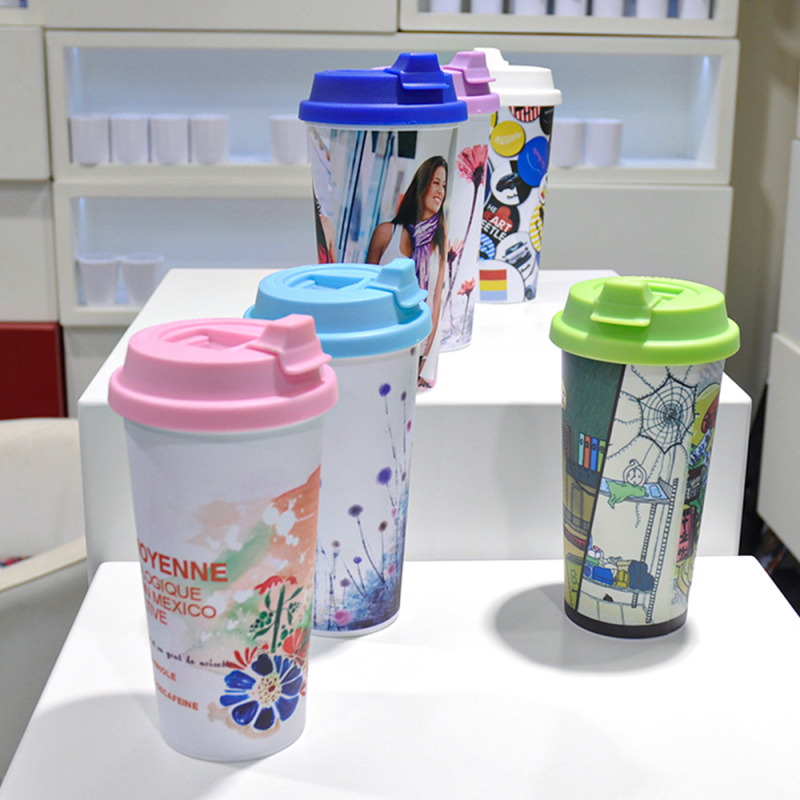 Reusable 450ml Sublimation Double Wall Plastic Tumbler Blanks with Colorful Lid Coffee Mugs Plastic Cups for DIY Heat Printing