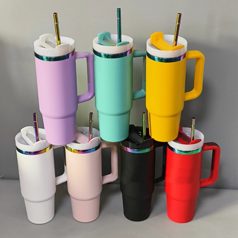 NEW Rainbow Plated Underneath 30oz Powder Coated Stainless Steel Handle Mug Double Wall Insulated Tumblers for Laser Engraving