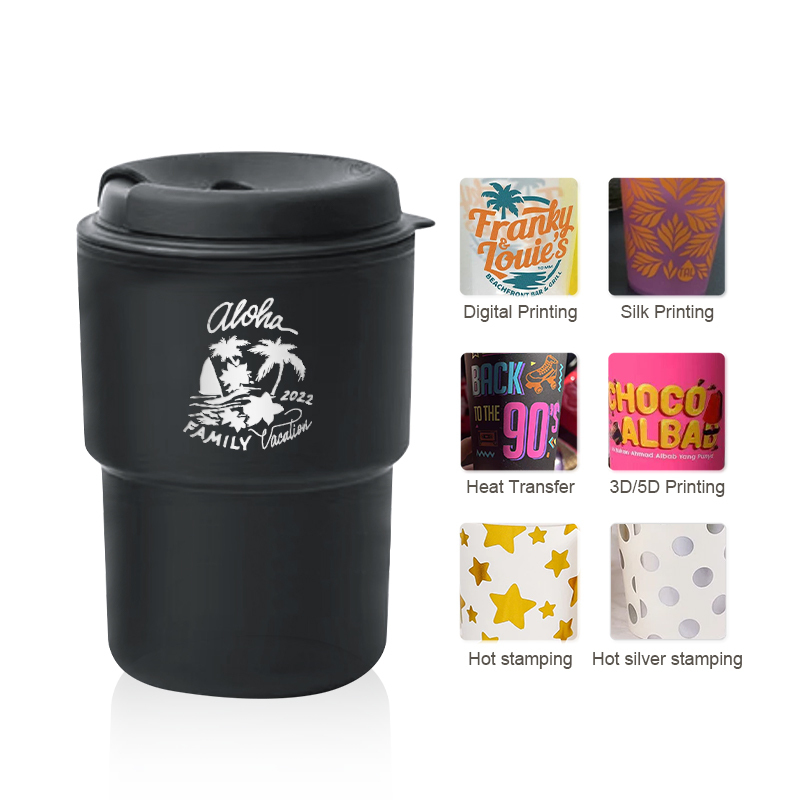 New Design Hot Sale 350ML Mini pp Material Coffee Mug Assorted Colors Custom LOGO Double Plastic Coffee Cup with Straw