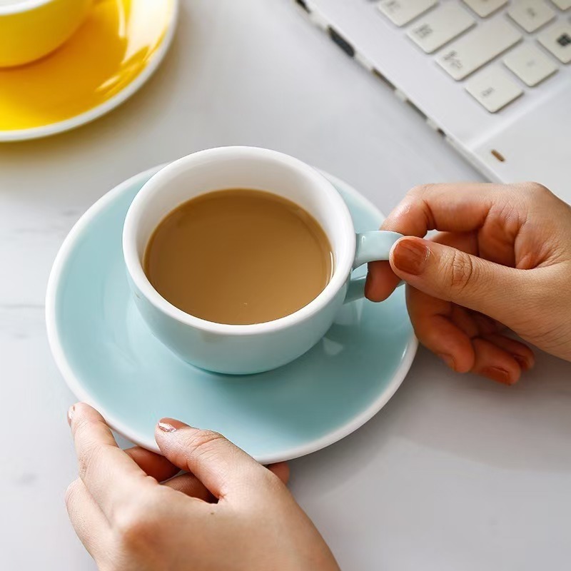 Custom Logo High Quality 10oz Colorful Ceramic Cup and Saucer Set  Personalized Printing Ceramic Coffee Mugs for Gift