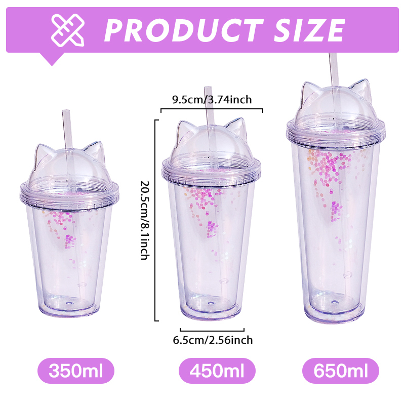Cat Ear Tumblers Double Wall Plastic Cup with Lid DIY Glitter 10oz 16oz 24oz Double Wall Drink Bottle Acrylic Kids Snow Globe