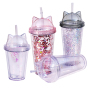 Cat Ear Tumblers Double Wall Plastic Cup with Lid DIY Glitter 10oz 16oz 24oz Double Wall Drink Bottle Acrylic Kids Snow Globe