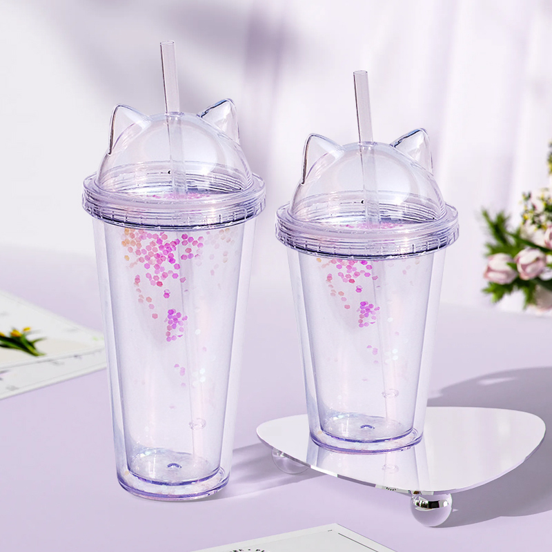 Cat Ear Tumblers Double Wall Plastic Cup with Lid DIY Glitter 10oz 16oz 24oz Double Wall Drink Bottle Acrylic Kids Snow Globe