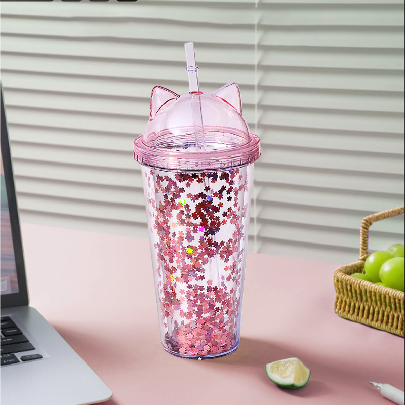 Cat Ear Tumblers Double Wall Plastic Cup with Lid DIY Glitter 10oz 16oz 24oz Double Wall Drink Bottle Acrylic Kids Snow Globe