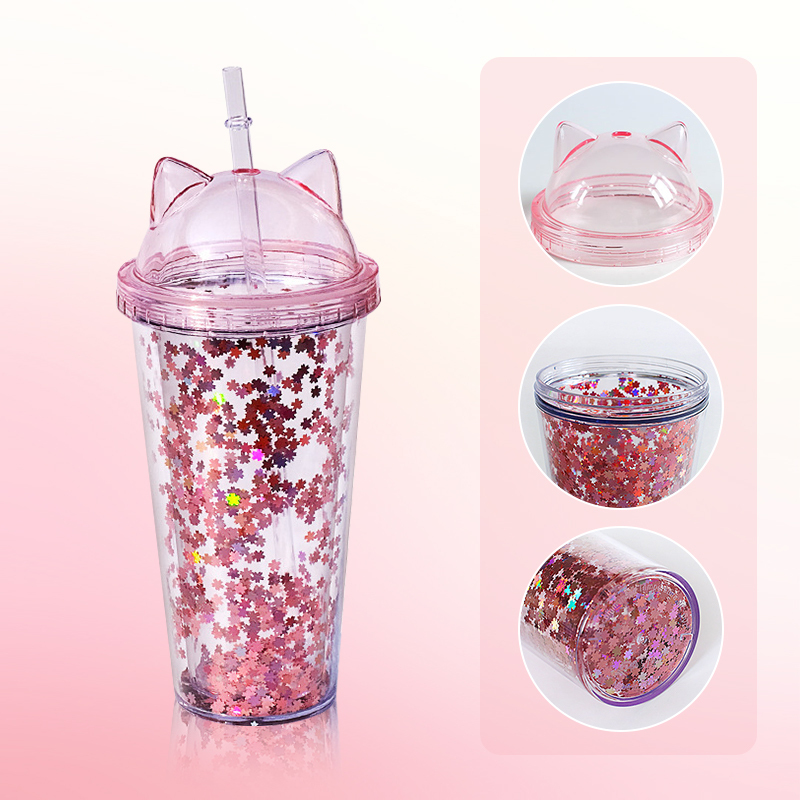 Cat Ear Tumblers Double Wall Plastic Cup with Lid DIY Glitter 10oz 16oz 24oz Double Wall Drink Bottle Acrylic Kids Snow Globe