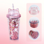 Cat Ear Tumblers Double Wall Plastic Cup with Lid DIY Glitter 10oz 16oz 24oz Double Wall Drink Bottle Acrylic Kids Snow Globe