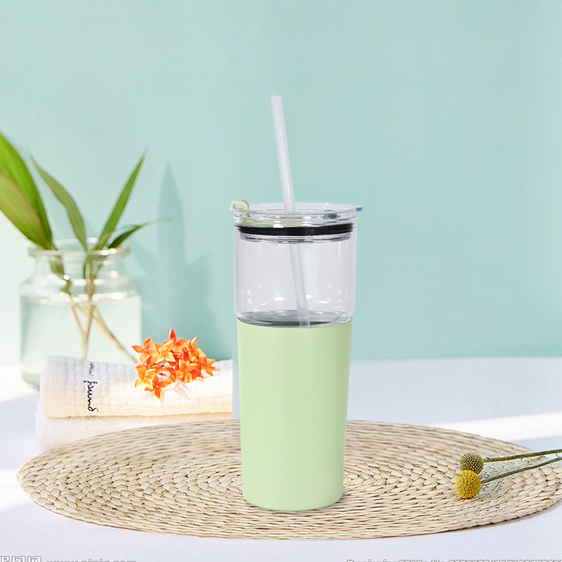 US RTS 2 in 1 25oz Glass Water Bottle Sealed Straw Plug Stainless Steel Vacuum 15oz Powder Coated Travel Coffee Cup Green