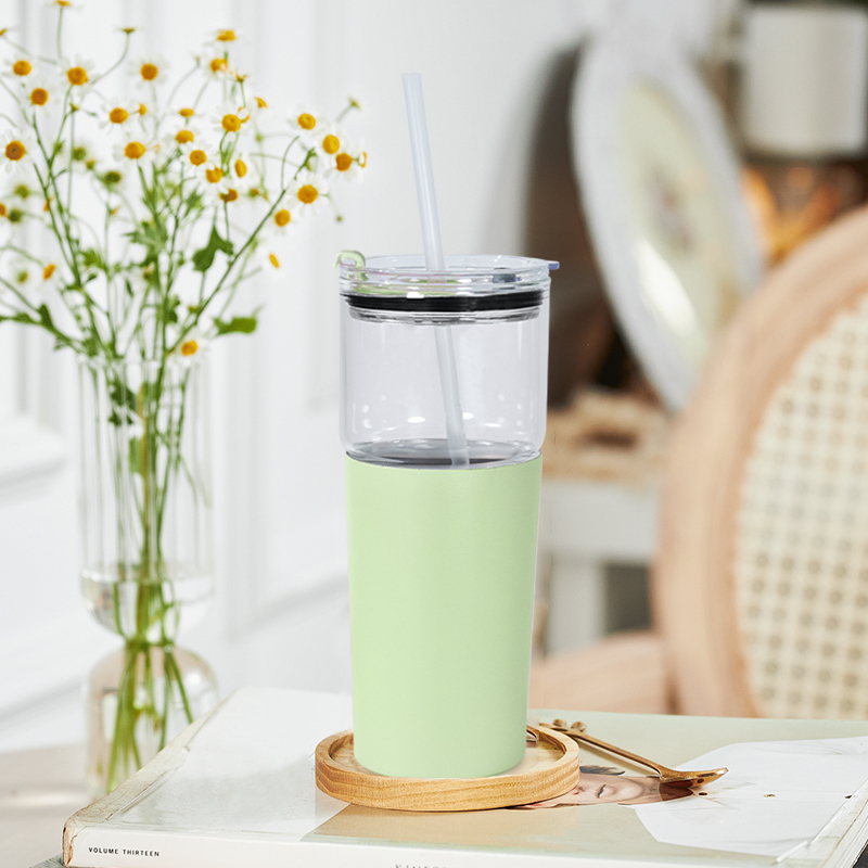 US RTS 2 in 1 25oz Glass Water Bottle Sealed Straw Plug Stainless Steel Vacuum 15oz Powder Coated Travel Coffee Cup Green
