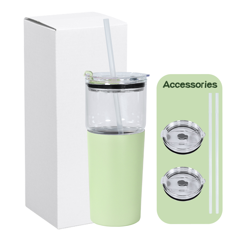 US RTS 2 in 1 25oz Glass Water Bottle Sealed Straw Plug Stainless Steel Vacuum 15oz Powder Coated Travel Coffee Cup Green