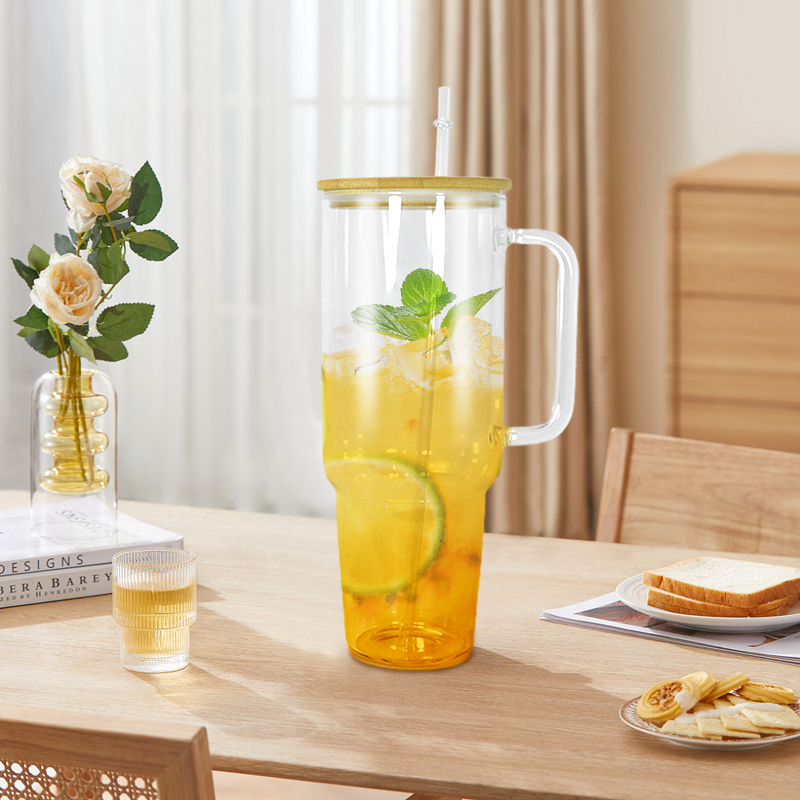 Free Shipping RTS USA Warehouse 12PCS/CTN 40oz Glass Cup Sublimation clear Glass Tumbler Mugs with Handle and Bamboo Lid