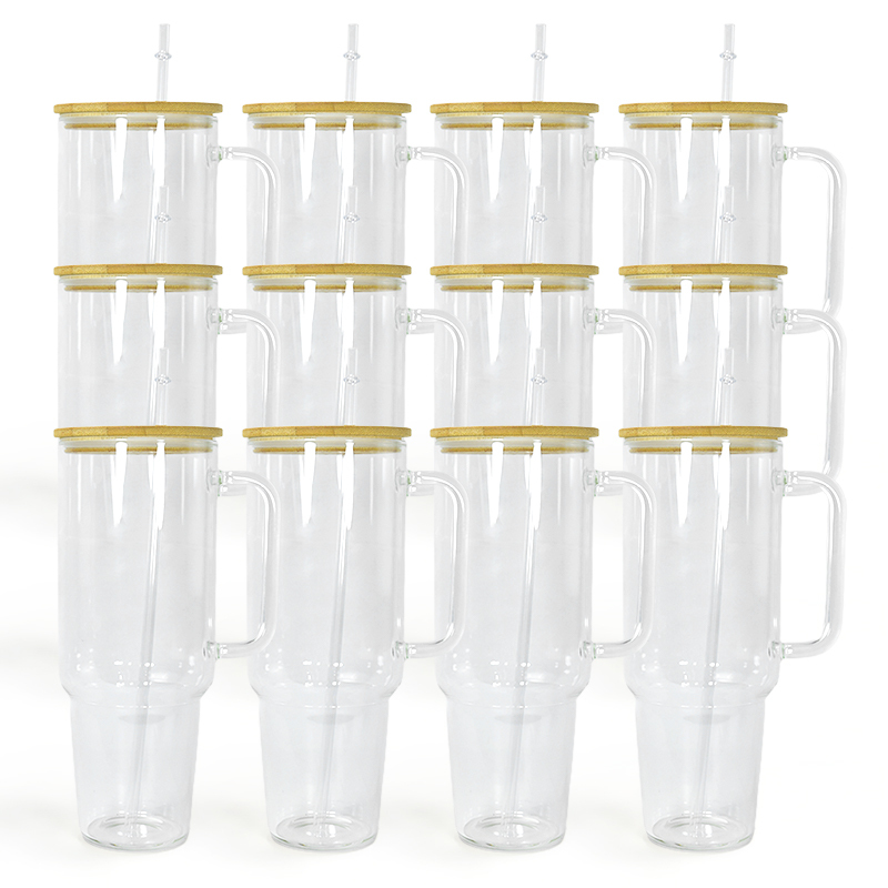 Free Shipping RTS USA Warehouse 12PCS/CTN 40oz Glass Cup Sublimation clear Glass Tumbler Mugs with Handle and Bamboo Lid