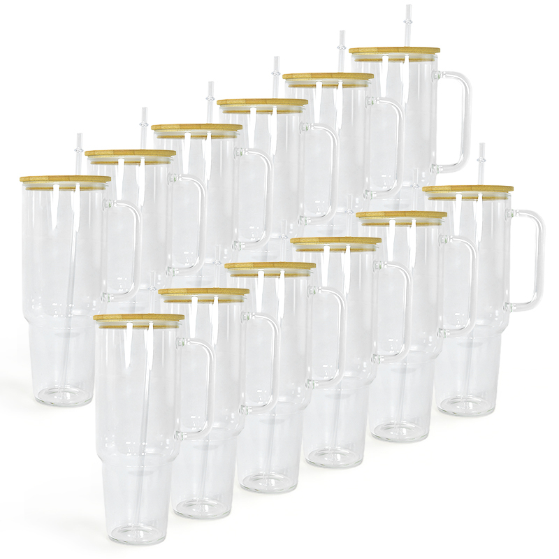 Free Shipping RTS USA Warehouse 12PCS/CTN 40oz Glass Cup Sublimation clear Glass Tumbler Mugs with Handle and Bamboo Lid